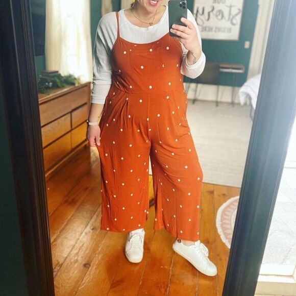 NEW LuLaRoe Leola Wide Leg Cami Jumpsuit Orange Pumpkin Polka Dot White NWT BOHO - Picture 5 of 9